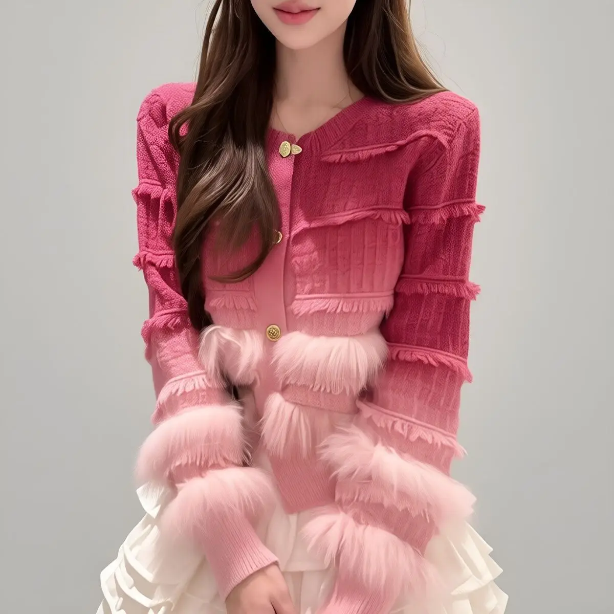 

2026 Spring and Autumn Women Jacket Gradient Two Tone Knitted Cardigan Coat
