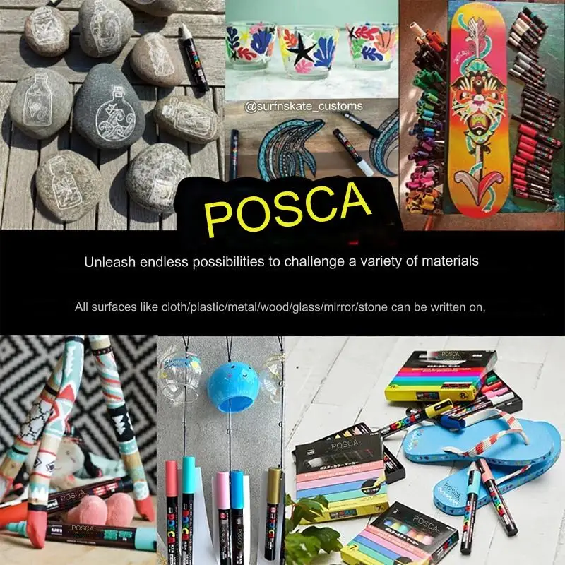 Posca Markers 8/17K, UNI CHISEL TIP Acrylic Marker Pens for School, Rock Art Fabric Paint Rubber Graffiti Japan Manga Stationery