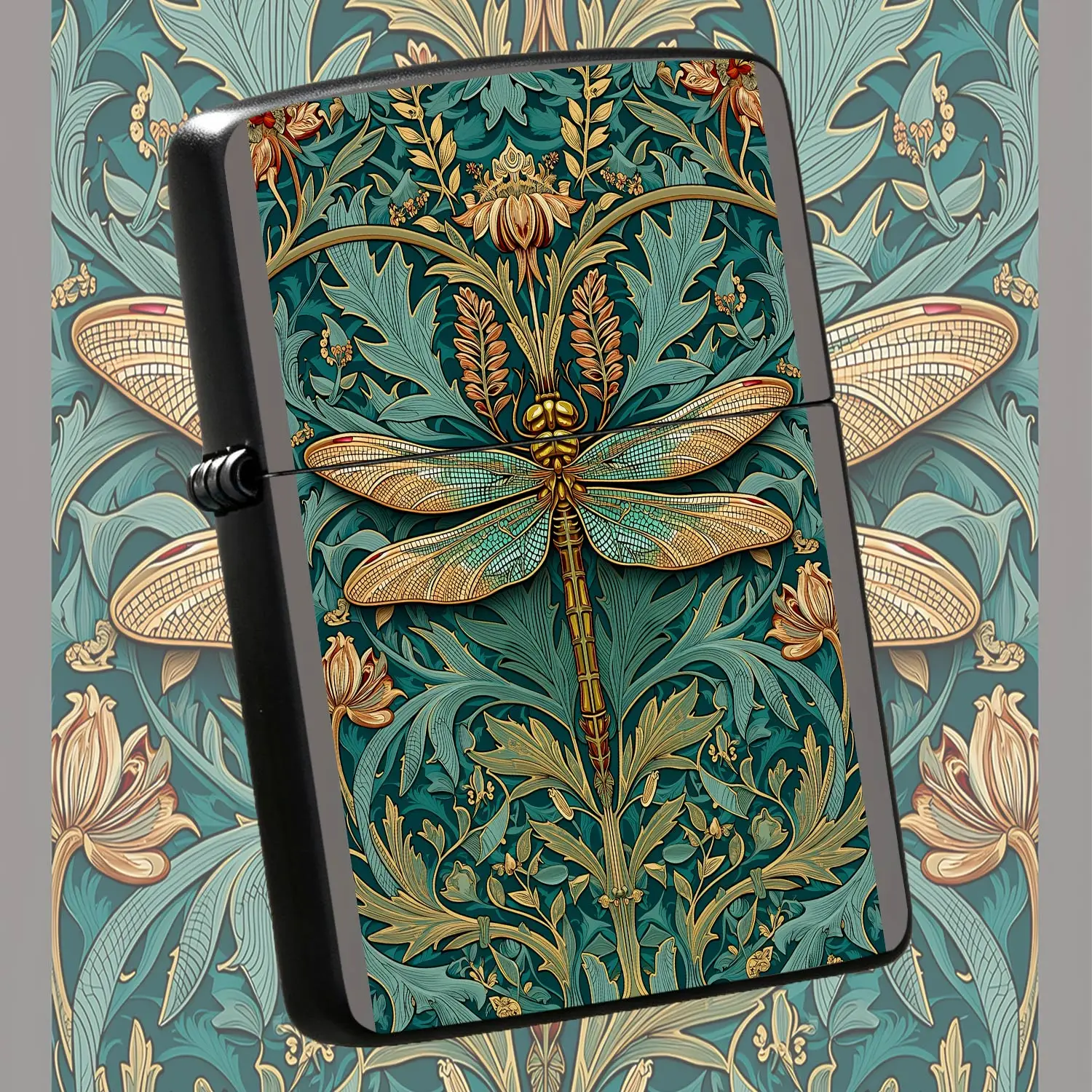 Retro Art Dragonfly Pattern Portable Lighter, Exquisite William Morris Style Decorative Lighter, Delicate Teal Gold Floral Motif Design, Ideal For Daily Indoor Outdoor Scenes, Stylish Practical Gift For Art Lovers And H A Humorous And Inter