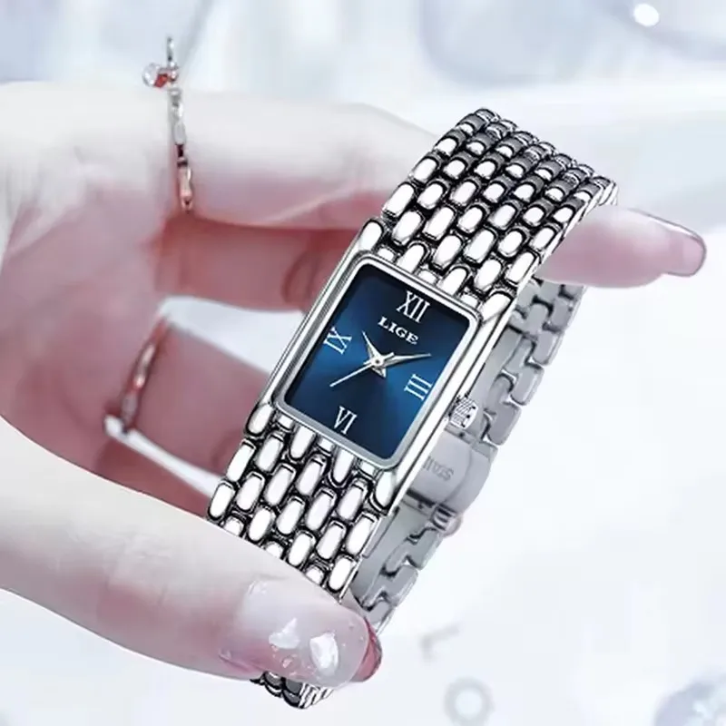 LIGE Silver Watch for Women Square Ladies Quartz Wristwatches Stainless Steel Women Small Gold Watch Luxury Casual Fashion Watch