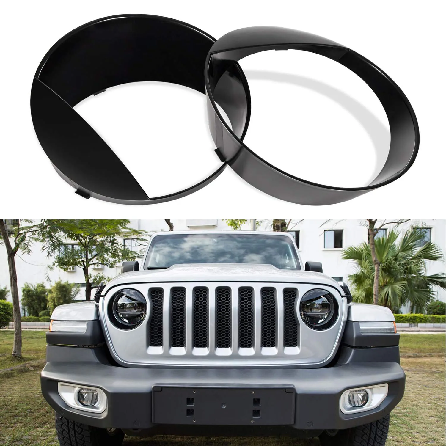 Car Headlight Cover Trim Clip-in Front Lamp Circle Bezel For Jeep Wrangler JL 2018+