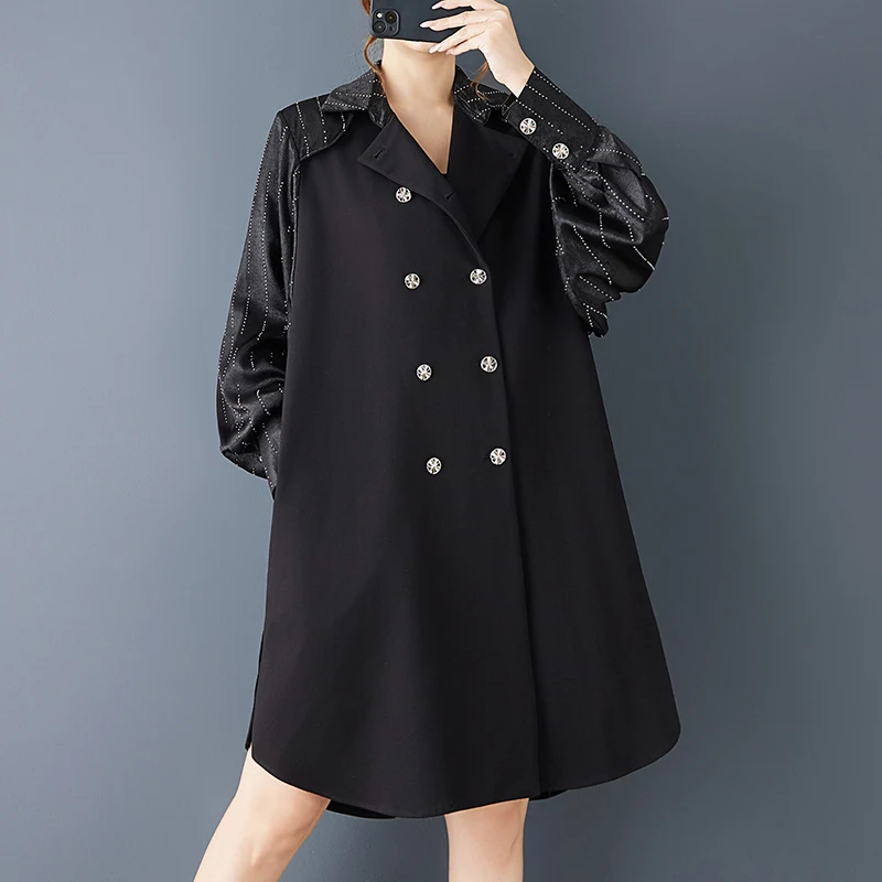 

SuperAen Spring and Autumn 2025 New Loose Fashion Black Design Notched Jacket Patchwork Long-sleeved Mid-length Coat