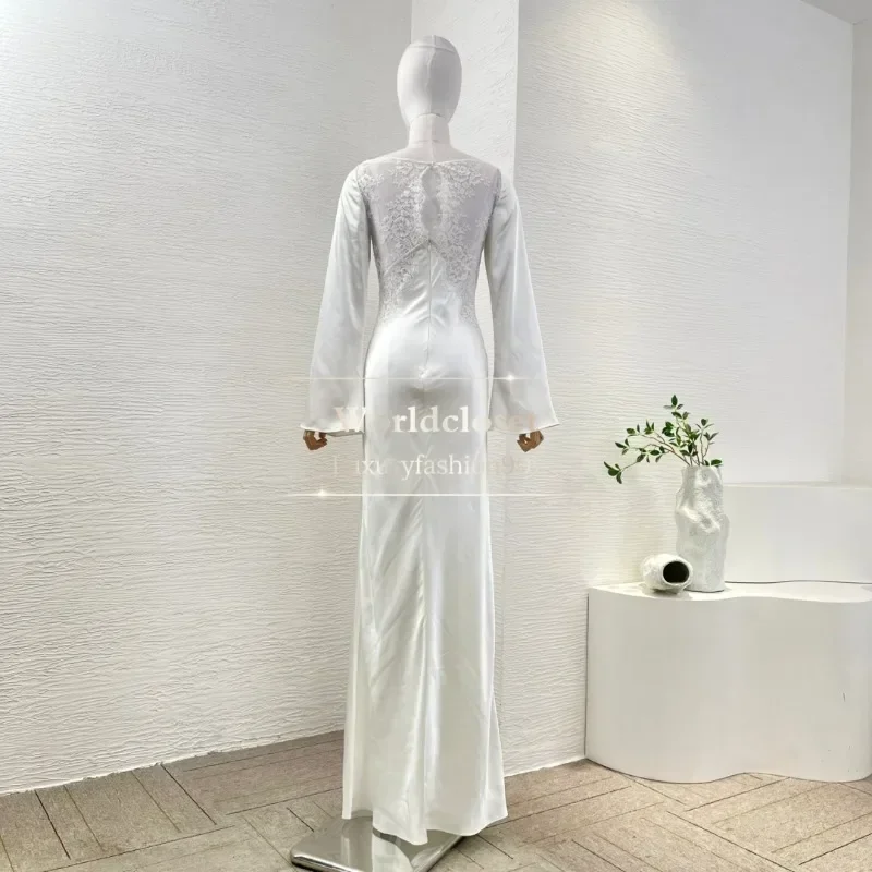 Women's White See Through Lace Patchwork Long Sleeve Maxi Dresses for Party Luxurious 2025 Sexy Attractive New