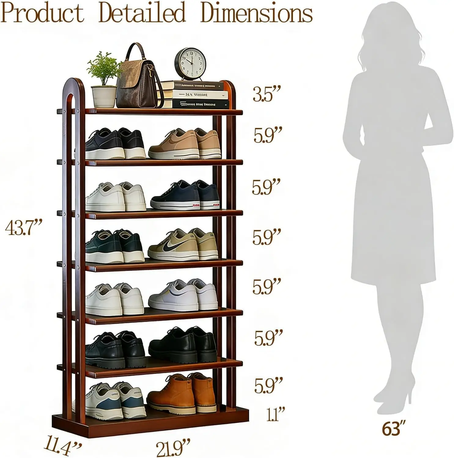 Vertical Free Standing Seven Layer Wooden Shoe Storage Organizer For Small Entryway Closet