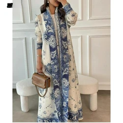 Fashion Saudi Women's Long Gown White Premium Printed Temperament Elegant Pleated Abaya Casual Peplum Holiday Dress Jacket