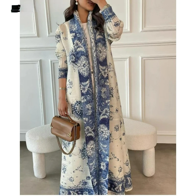 Fashion Saudi Women's Long Gown White Premium Printed Temperament Elegant Pleated Abaya Casual Peplum Holiday Dress Jacket