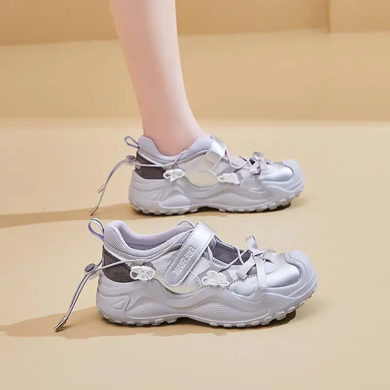 

Fashionable Thick Bottomed Genuine Leather Dad Shoes for Women Trendy Korean Style Sport Shoes Casual Wear round Toe Flat Heel