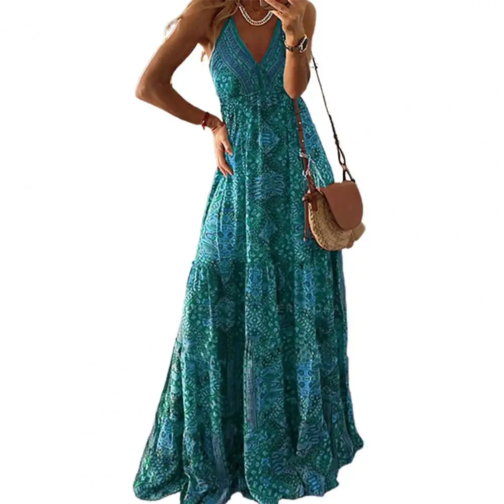 Vestido Boho com Estampa Floral e Decote em V, Vestido Maxi de Verão com Estilo Doce, Cintura Elástica e Sem Mangas