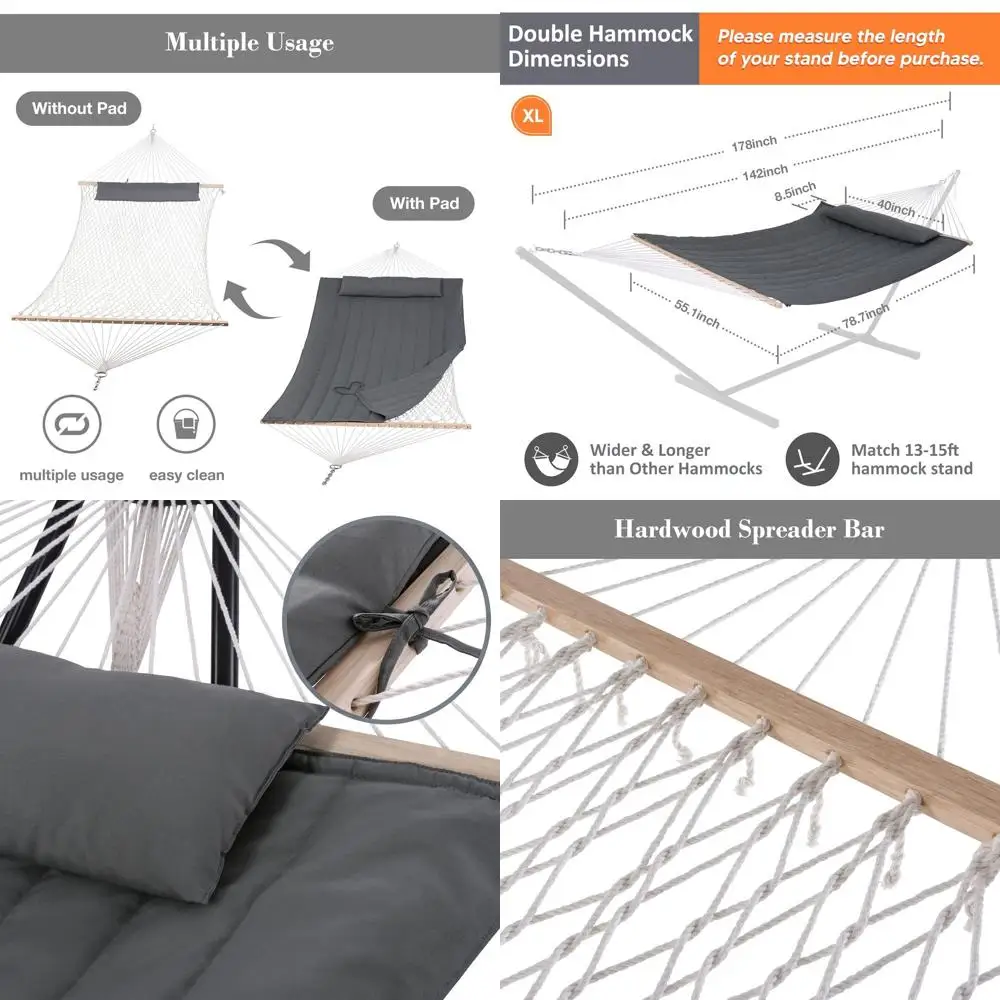 

Двойной гамак с барами из твердой древесины и подушечкой из полиэстера, темно-серый на 2 человека