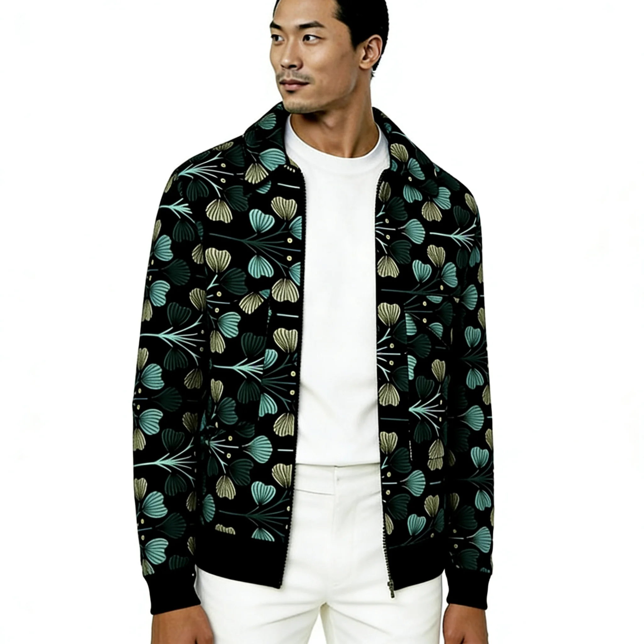 

African Print Couture Men's Bomber Jacket With Ribbed Hem Casual Turn-Down Collar Short Coat Customized