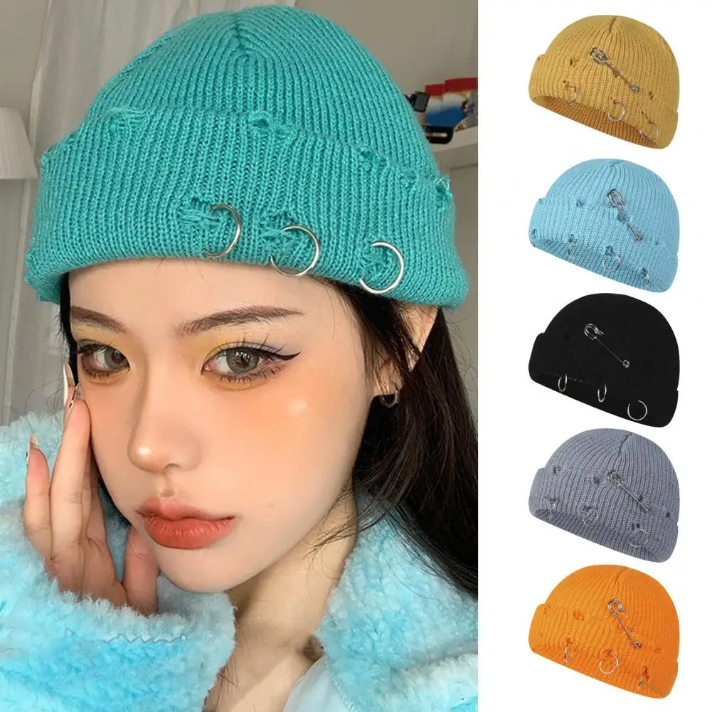 Casual Knitted Hat  Ripped Woolen Yarn Female Hat  Winter Thermal Ladies Knit Skull Cap