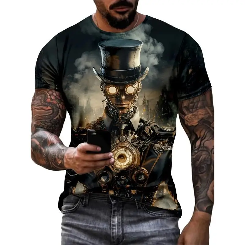Men Vintage Rusty Robot Rain City Alley 3D Print Crew Neck Short Sleeve T-shirt Multi Pattern Street Casual Tops