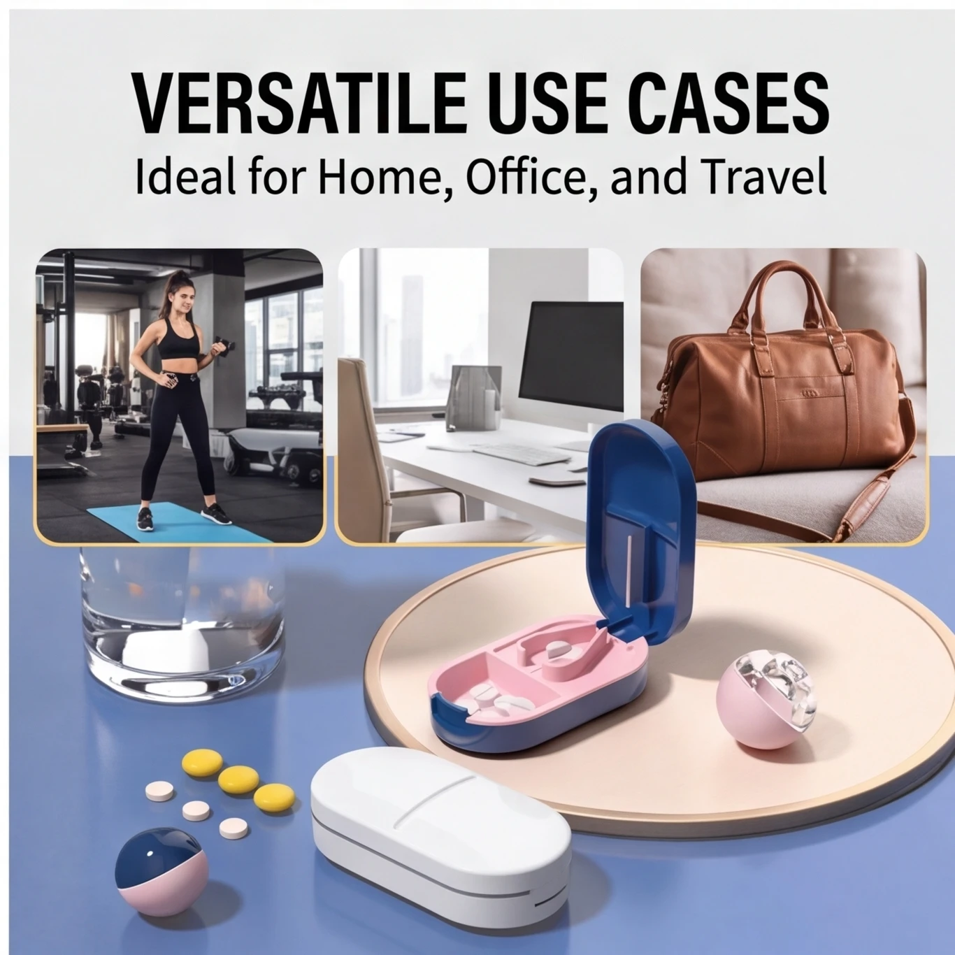 Portable Pill Box and Splitter 2 in 1 with Stainless Steel Blade for Cutting Vitamin Tablets 1/2 1/4