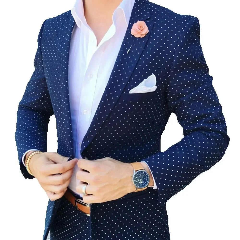 Dark Blue Dot Men\'s Suit Peaked Lapel Blazers Wedding Male Tuxedos One Button Slim Fit Groom Wear 2 Pieces Prom Jacket And Pants