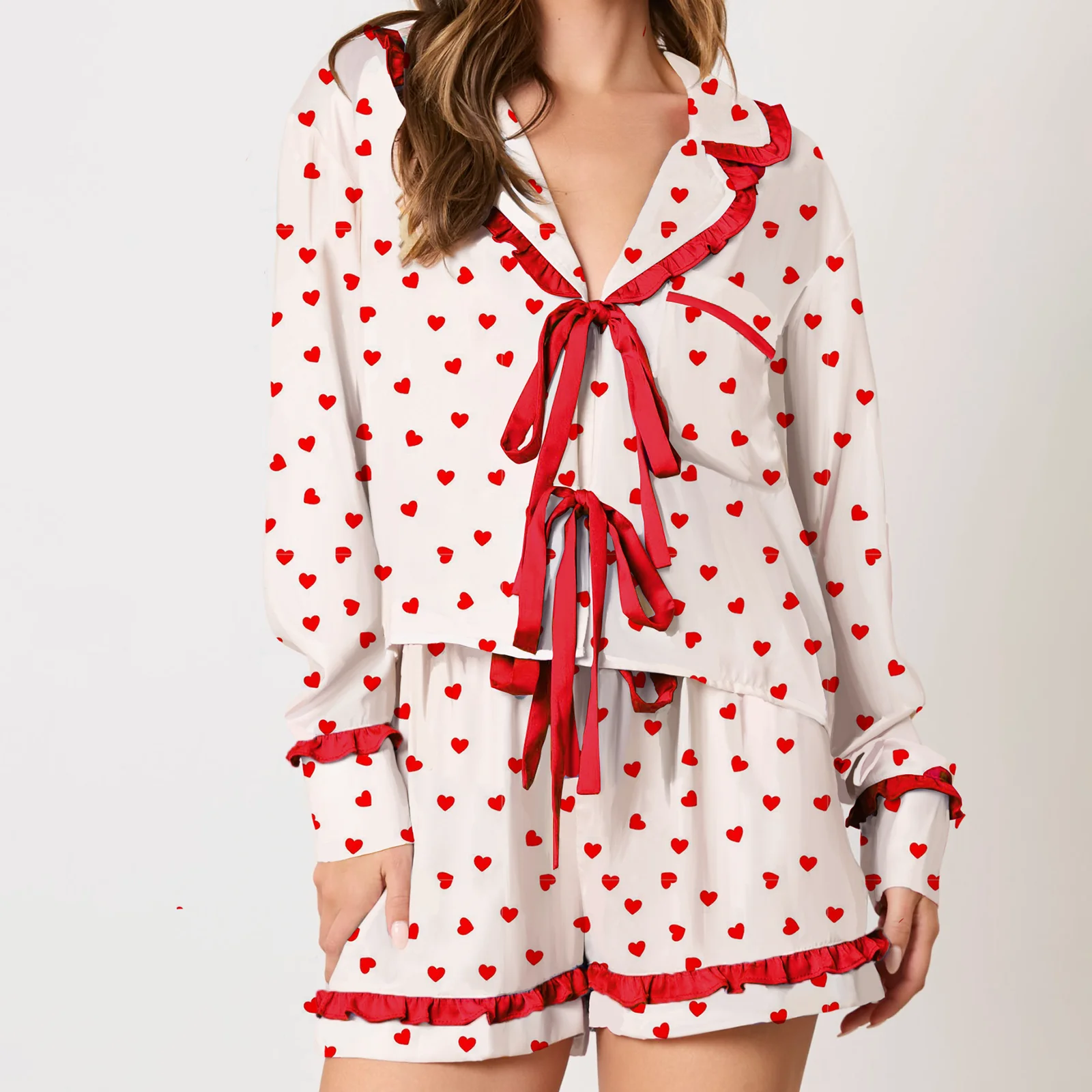 Women Pajamas Set Heart/Bow Print Tie Front Long Sleeves Tops and Elastic Shorts for Loungewear Soft Sleepwear