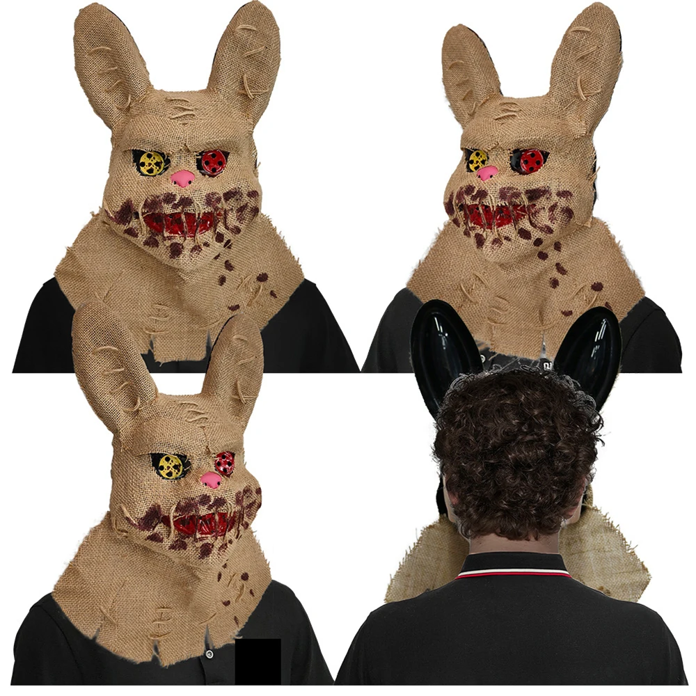 Halloween Linen Rabbit Head Mask Costume Party Cute Animal PVC Headdress Halloween Funny Performance Props