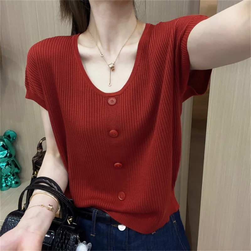

Crew Neck Short Sleeved Summer Ins Women's T Shirts Casual Higt Street Clothing Ladies Button Fashion Harajuku Green Black Top
