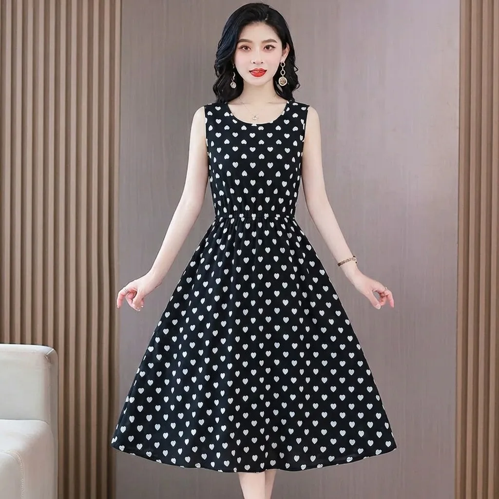 

Elegant Polka Dot Sleeveless Dress Women's Waist Cinched Flared Skirt Midlife Mommy Style Ageless Graceful Dress Casual Wear