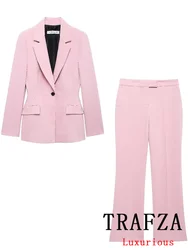 TRAFZA Vintage Chic Pink Women Suit Single Button Blazer Straight Zipper Loose Pants New Fashion 2024 Autumn Office Lady Sets