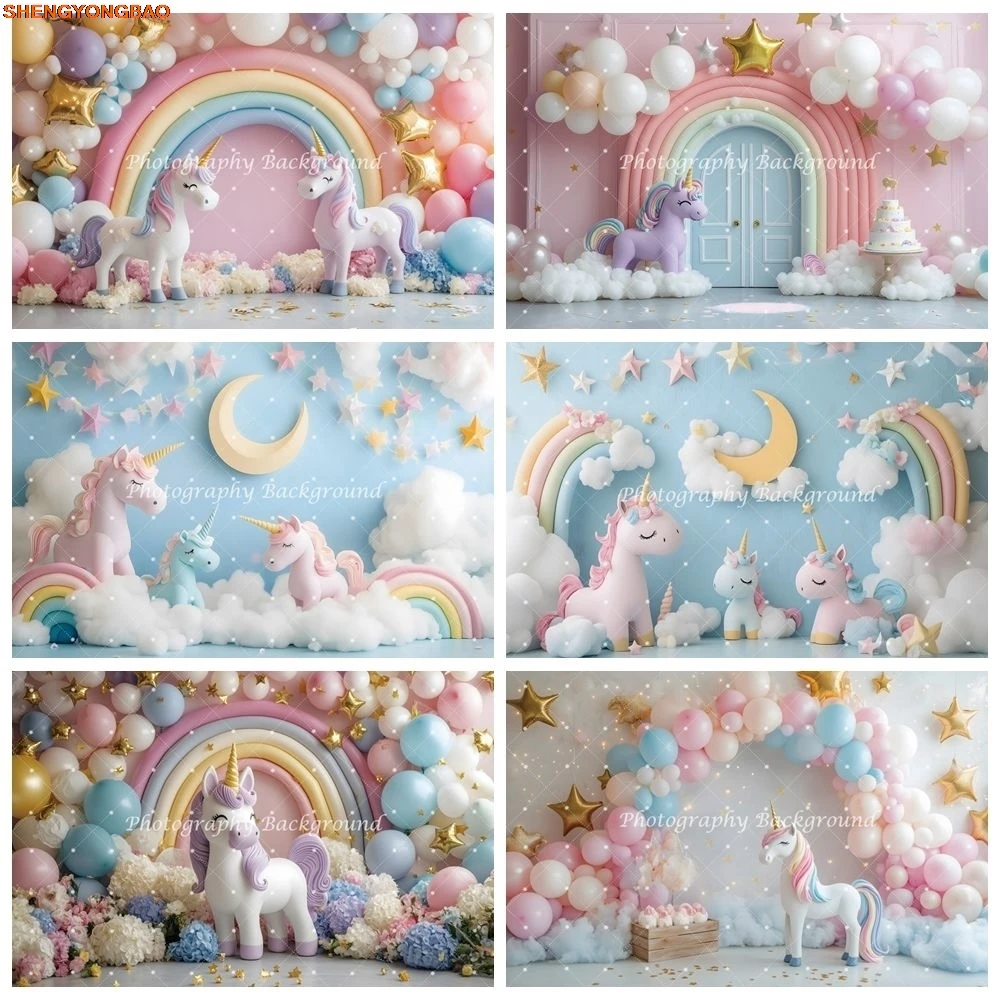 

Rainbow Unicorn Backdrop Girls Birthday Party Newborn Baby Shower Cake Table Decor Photography Background Banner Photo Studio