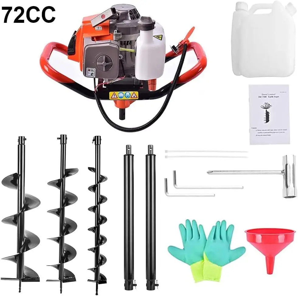 72cc Post Hole Digger 2-Stroke Petrol Gas Powered Earth Digger with 2 Extension Rods + 3 Auger Drill Bits (4" 8" & 12")