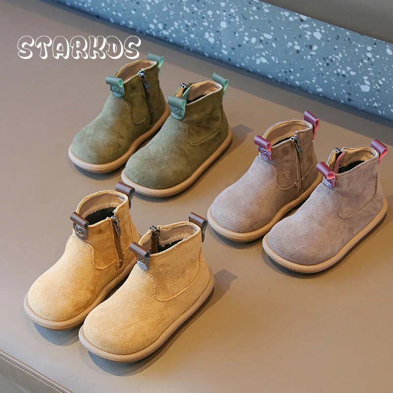 Botas cortas cálidas de felpa para bebés y niños pequeños, botines planos con cremallera lateral, zapatos informales de invierno