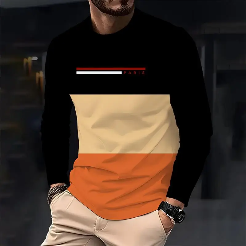 باريس اللون الرجال فضفاضة طويلة الأكمام تي شيرت مطبوع موضة crewneck تي شيرت غير رسمي مريح الرجال الربيع والخريف
