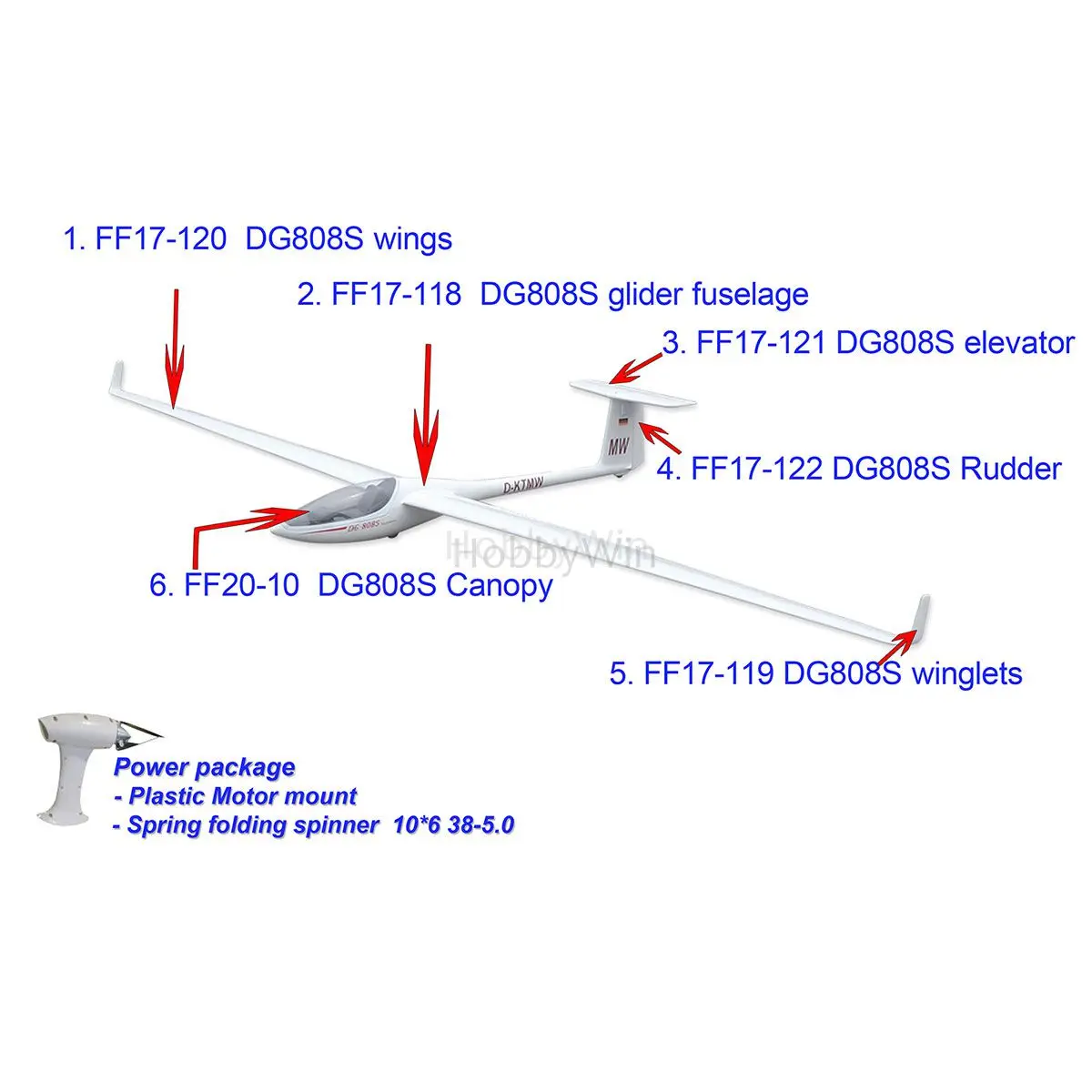 DG-808S Electric Glider 4000mm ARF Fiberglass Fuselage Wooden Wings Brushless Motor Esc Propeller Spinner Servo