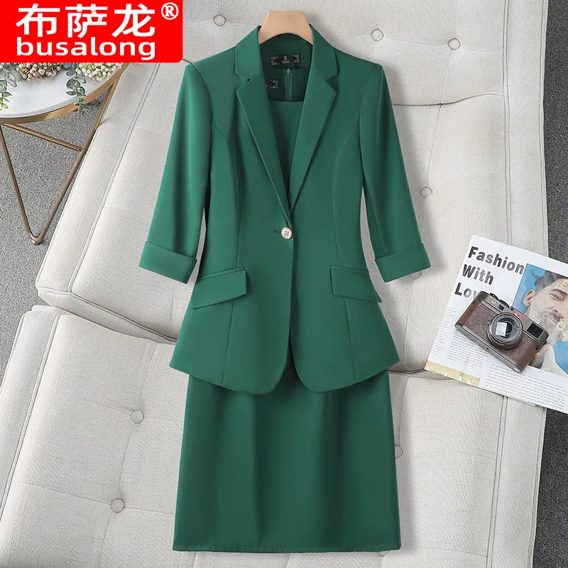 Blazer pequeno de alta qualidade para mulheres, roupa profissional fina de verão, vestido elegante estilo deusa conjunto de duas peças