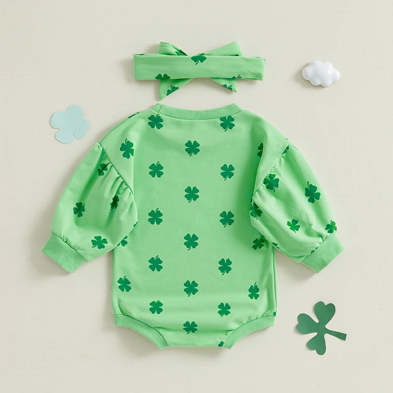 

St Patrick s Day Shamrock with Matching Bow Headband for Baby Girls Irish Clover Print Romper Set for Infants and