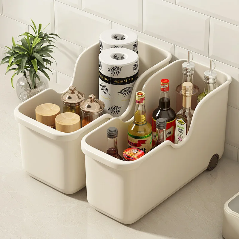 

Kitchen Storage Box Seasoning Bottle Storage Container Plastic with Pulley Space Saving Multifunctional Cabinet Storage Boxe