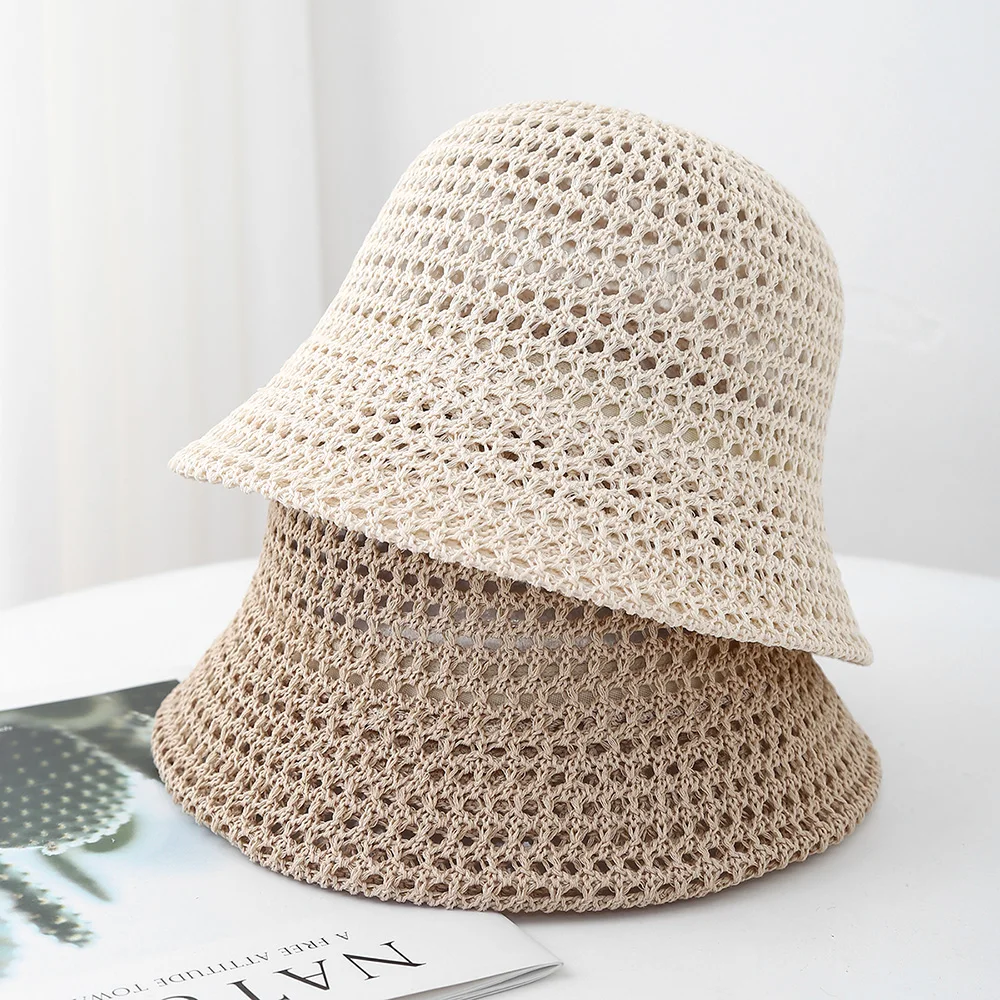 Hollow grid Bucket hat for women summer thin linen fisherman hats fashionable white pearl chain decorative basin cap beach caps