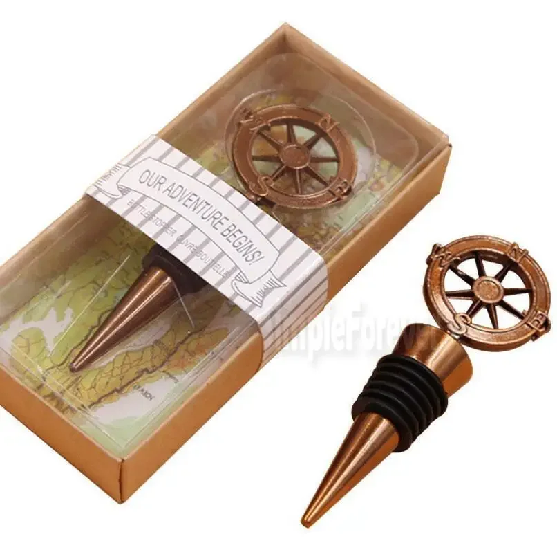 Travel Theme Wedding Souvenirs Party Favors Bronze Compass Wine Bottle Stoppers Bar Tool Christmas Gifts