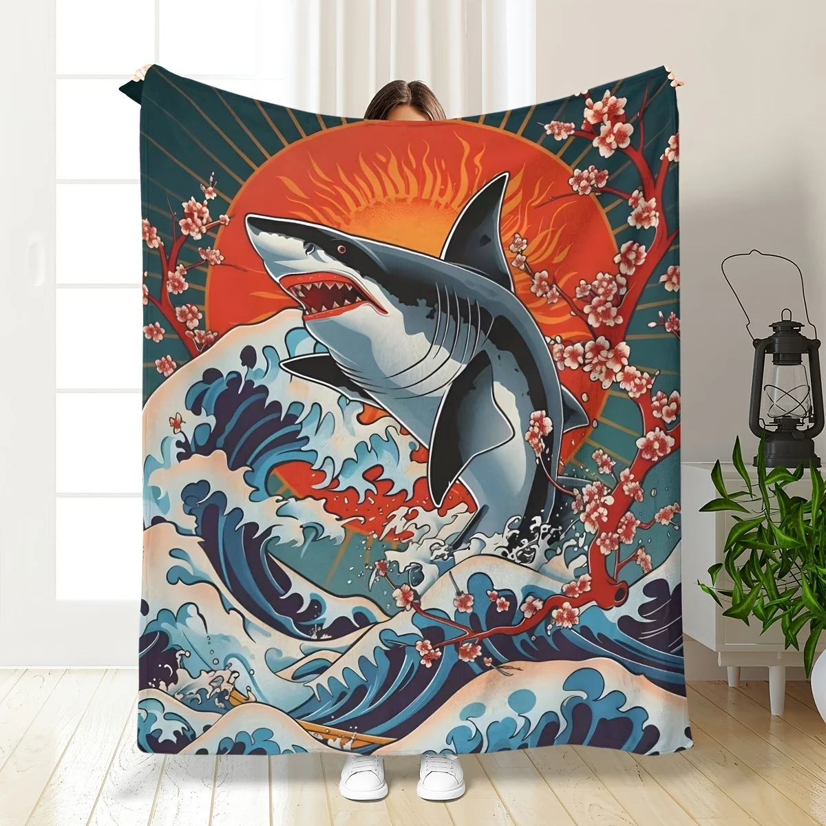 Artistic Japanese Style Shark Wave Sakura Pattern Throw Blanket Boho Ocean Coastal Beach Decor Fleece Throw for Sofa