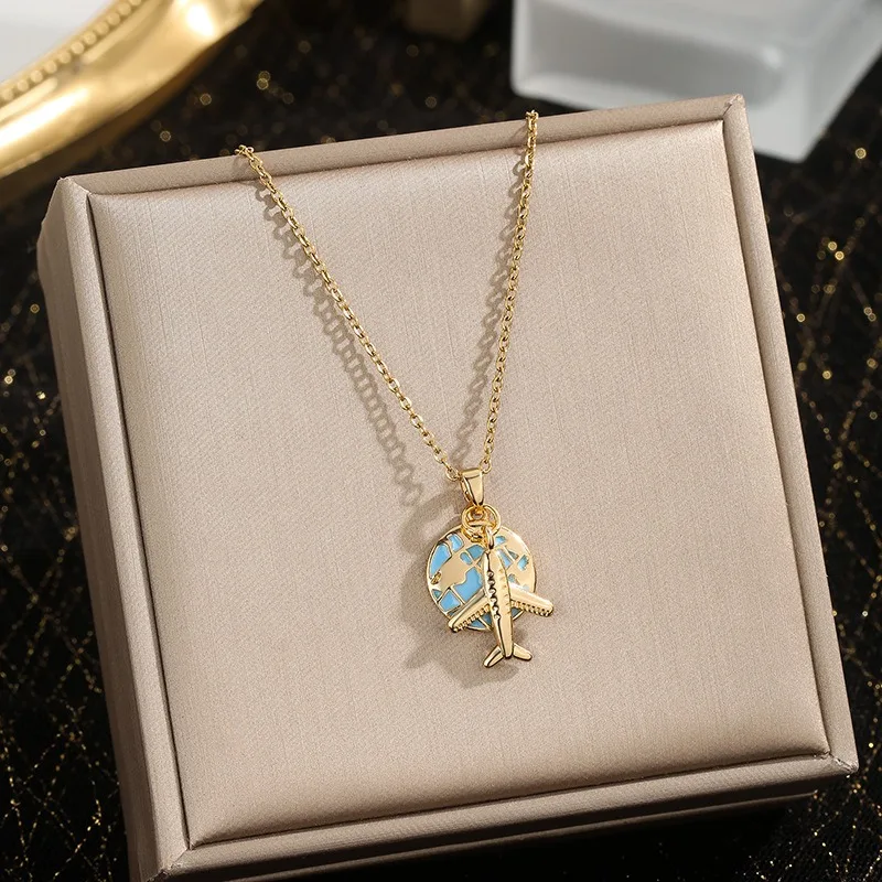 Rainbow Drip Oil Travel Necklace Women Camera Suitcase Plane Pendant Light Luxury Design Collarbone Chain Gift