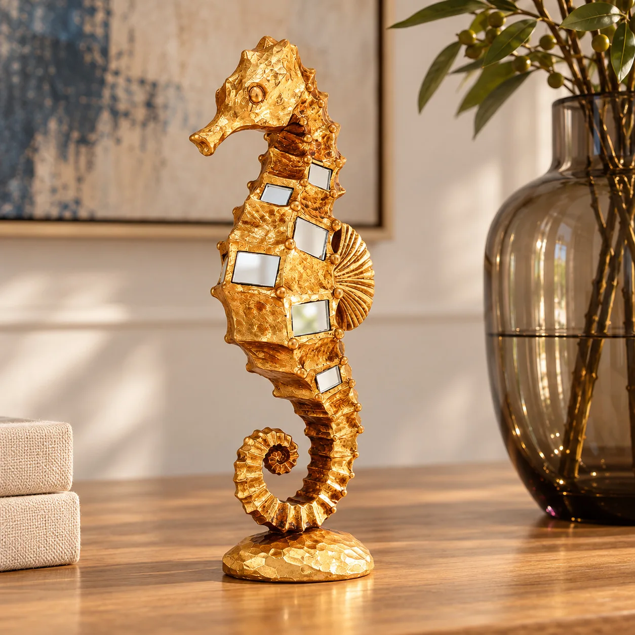 Gold Seahorse Statue with Mirror Accents Coastal Decorative Sculpture for Living Room Entryway Office Desk Shelf Decor