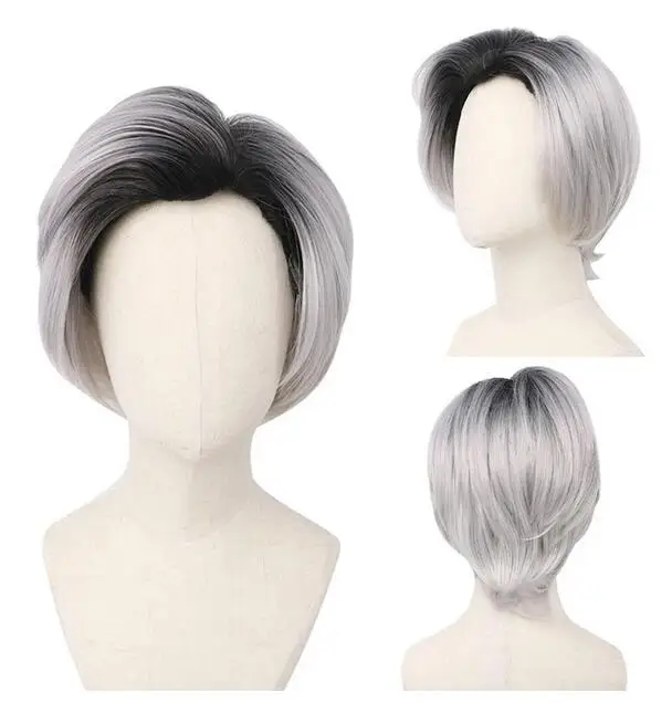 Men Short Synthetic Wig Straight Black White Mixed Natural Hair Heat Resistant Wig for Daily Cosplay Party