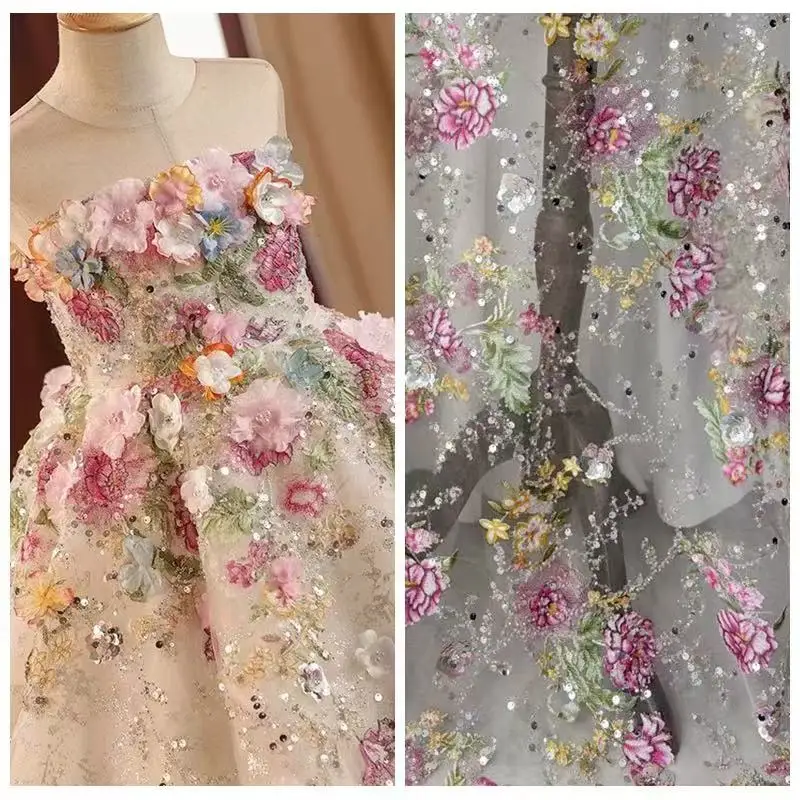 

colorful flowers lace for Bridal dresses, formal gowns, width 130cm with 2 color mesh ivory and Light flesh color