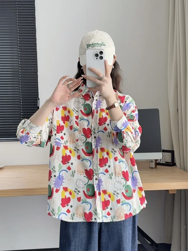 

Mori kei clothing 100% cotton cartoon printed shirts and blouses women autumn spring long sleeve tops plus size women's tops