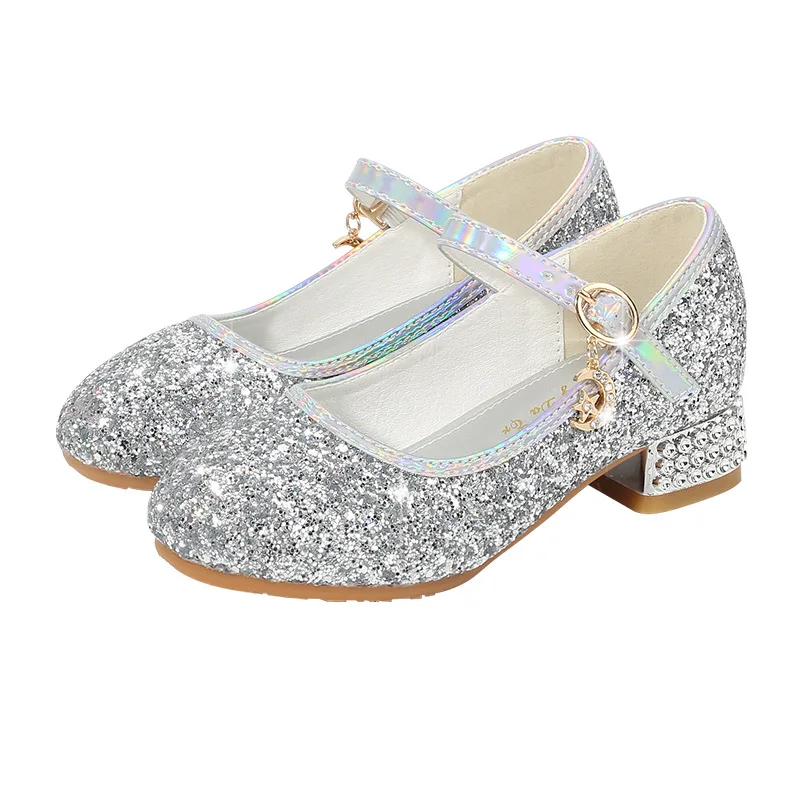 Little Girls Dress High Heels Fashion Runway Performance Host Shoes Children Silver Crystal Princess Shoes Girls Popular Shoes