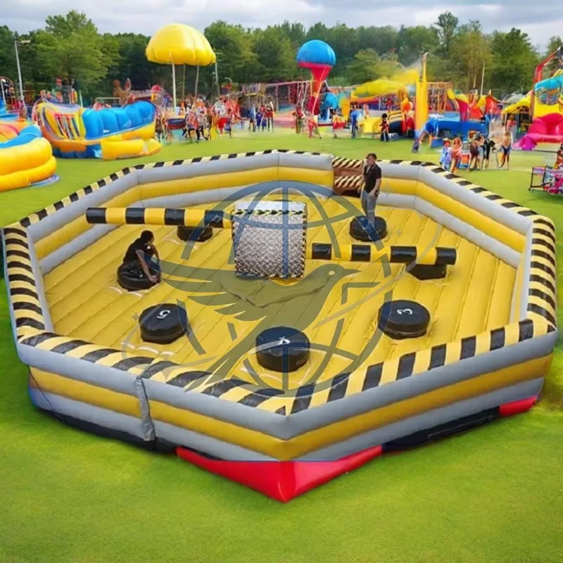 8-Person Interactive Inflatable Wipe Out  for Commercial Park Use Yellow PVC Material