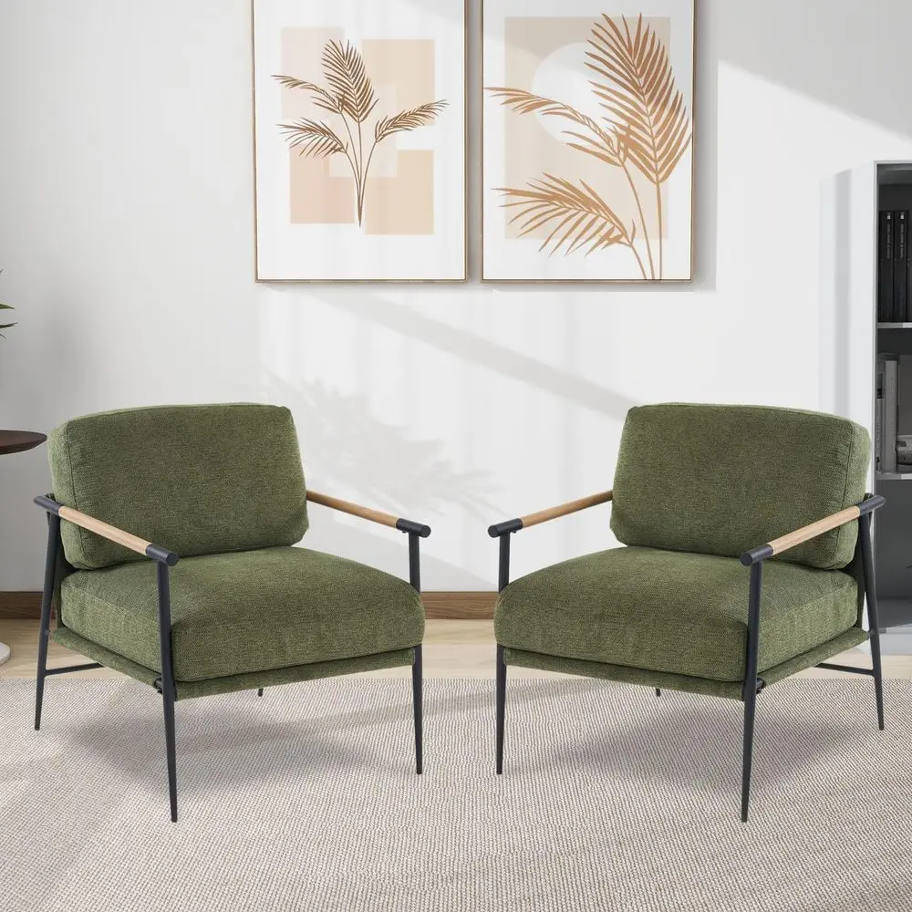 

2PCS Green Accent Chair Set o 2 Chenille Century ern Armchair with Upholstered Sot Cushion or Living Room,Lounge,Bedroom,Wood-Gr