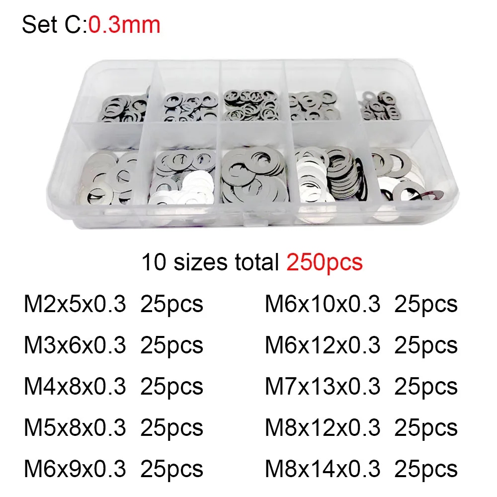 Aço inoxidável Ultra fino conjunto de arruela, ajustando Shim, Plain Junta Variedade Kit Box, 250x, 0.1, 0.2, 0.3mm, M2, M3, M4, M5, M6, M7, M8, 304