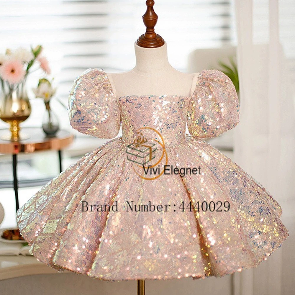 

Modern Square Collar Flower Girls Dresses for Kids 2024 Summer New Short Sleeve Christmas Gowns with Sequined فلور فتاة اللباس