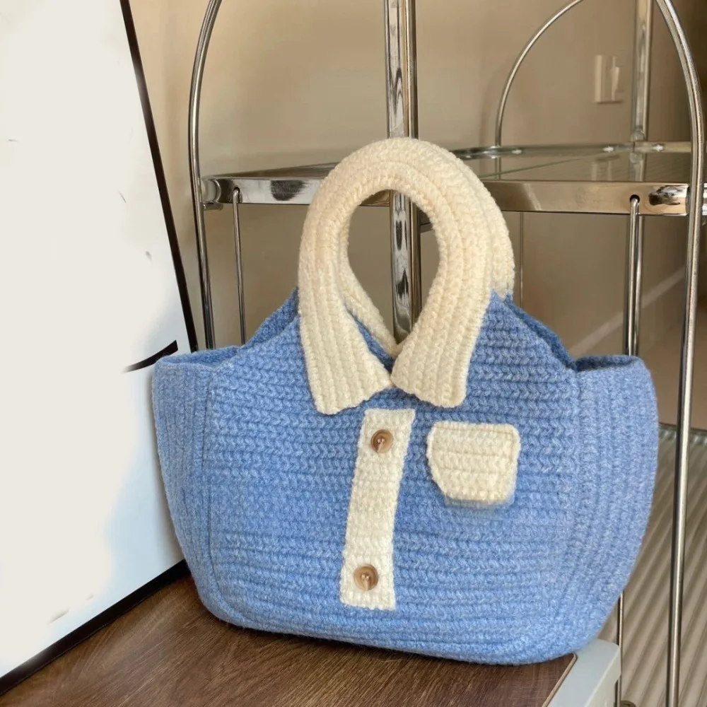 

Casual Multicolor Shirt Knitted Handbag Hand Woven Cute Woolen Weave Bag Large Capacity Soft Knitted Wrist Bag Shopping Bag