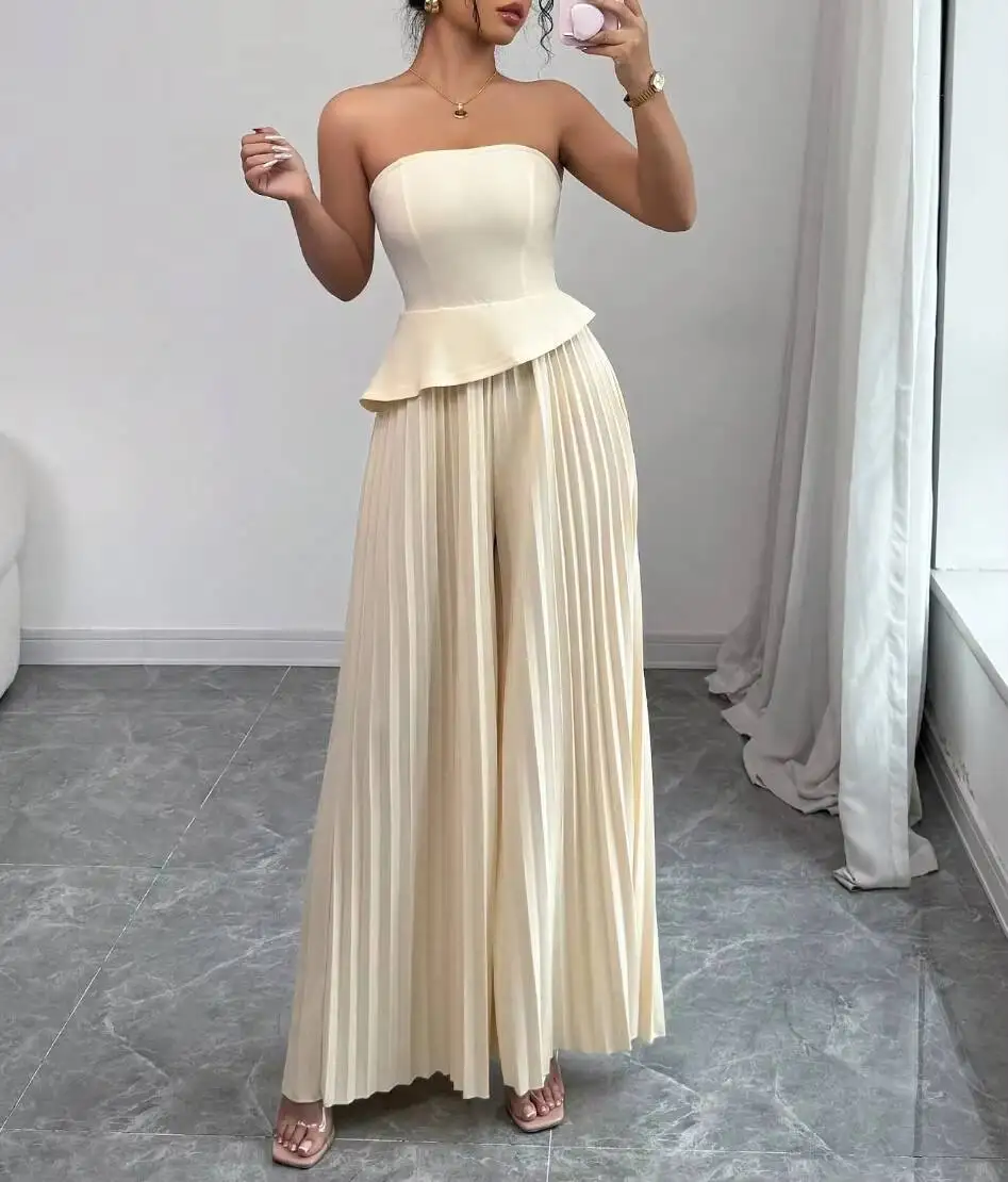 

Summer Women's Beige Bandeau Neck Wide Leg Romper High Waist Long Style Playsuit Elegant Party Vacation Casual Jumpsuit