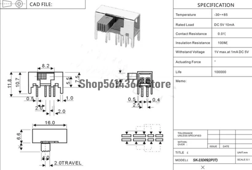 20pcs  SK-23D05 9mm Shaft Length Vertical Slide Switch 3 Position 8 Pins