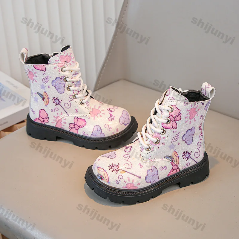 Girls Fashion British Style Boots 2025 Autumn New Design Soft Sole Non-Slip Short Leather Boots Princess Printed Soft-soled Boot