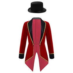 Girls Halloween Circus Ringmaster Cosplay Costume Long Sleeve Tailcoat with Felt Hat Theme Party Magician Showman Outfits