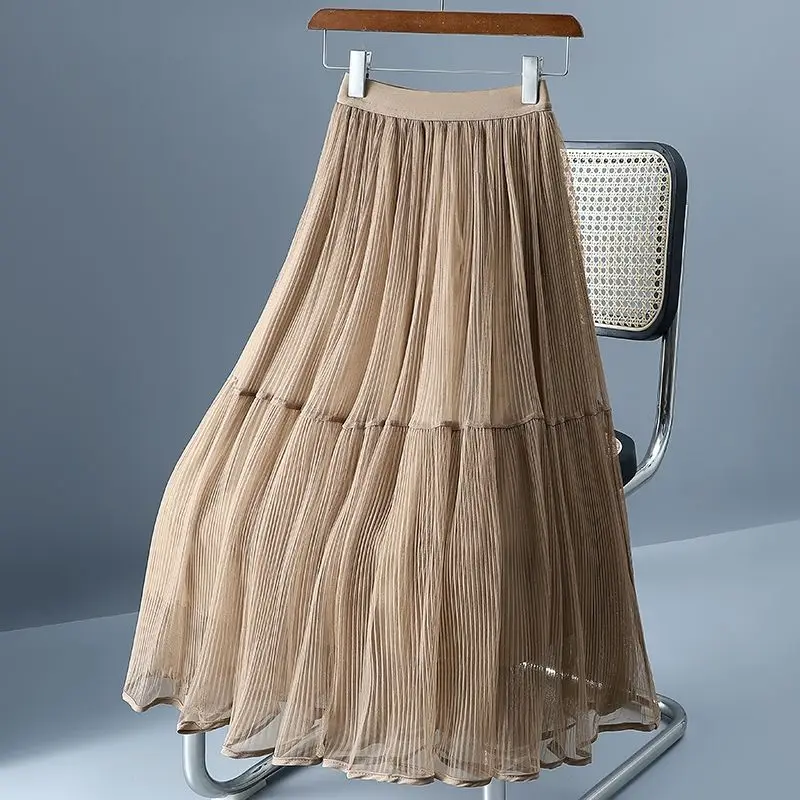 

Tulle Skirt Women Streetwear Elastic High Waist Mesh Pleated Skirts Summer Elegant Korean A Line Office Ladies Skirt New